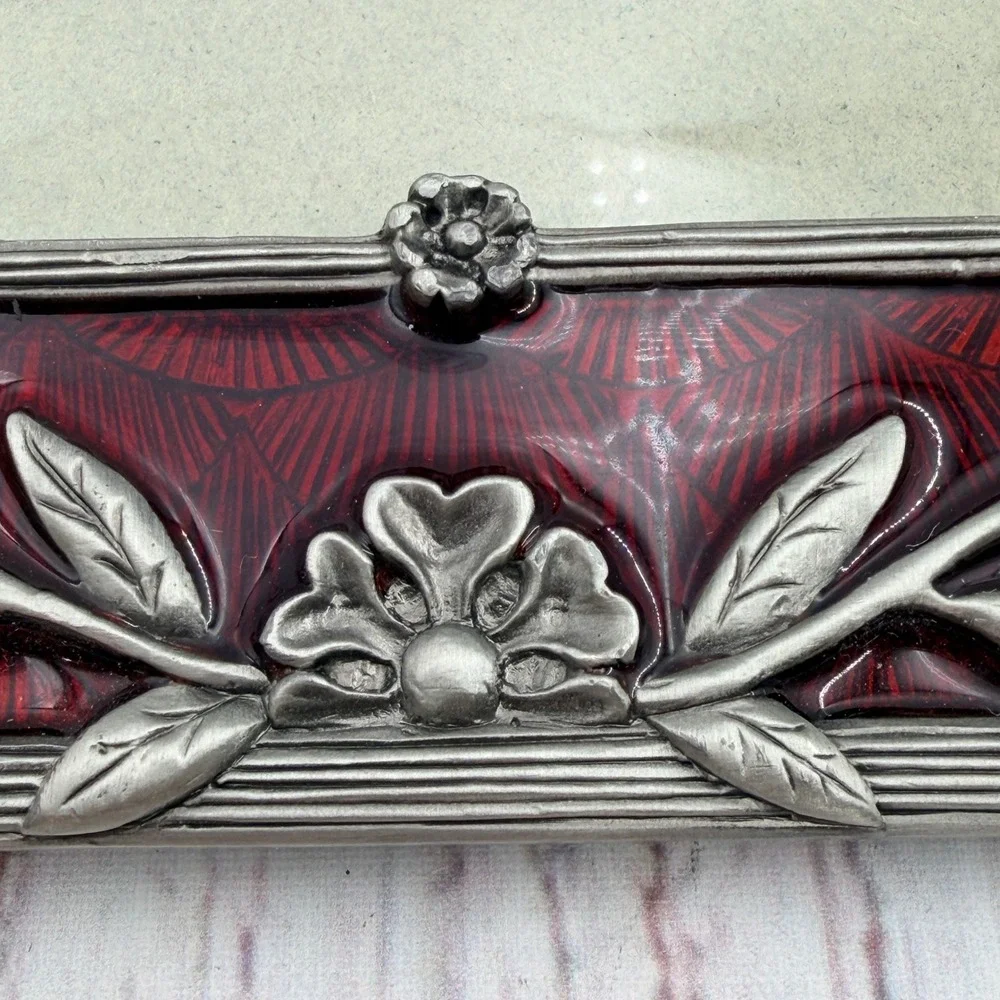 Vintage Style Red Enamel Floral Metal Picture Frame 5x7 Heavy Pewter Tone Ornate